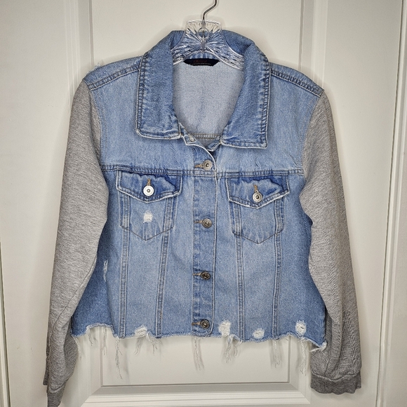 Womens Distressed Denim Jacket XL 90s Cropped Y2K Sweatshirt Sleeves Frayed Hem - Picture 9 of 9